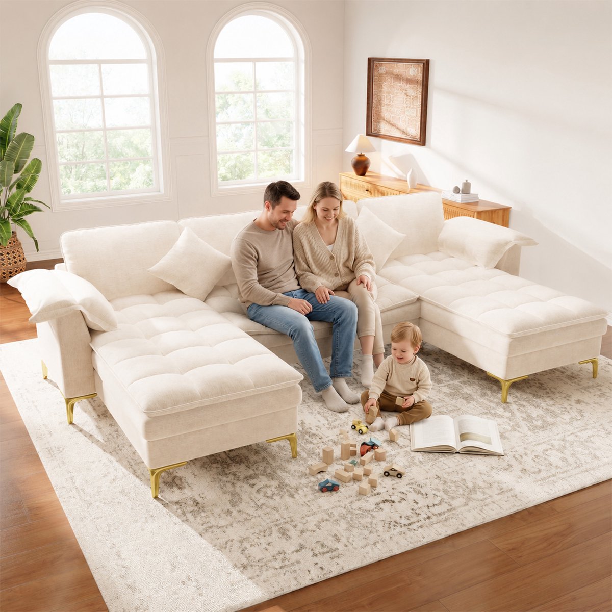 U Vormige Hoekbank - Modulaire Cloud Bank 4 Personen - Beige Chenille Sofa Met 2 Longchairs - Zachte Lounge Sofa Met Kussens