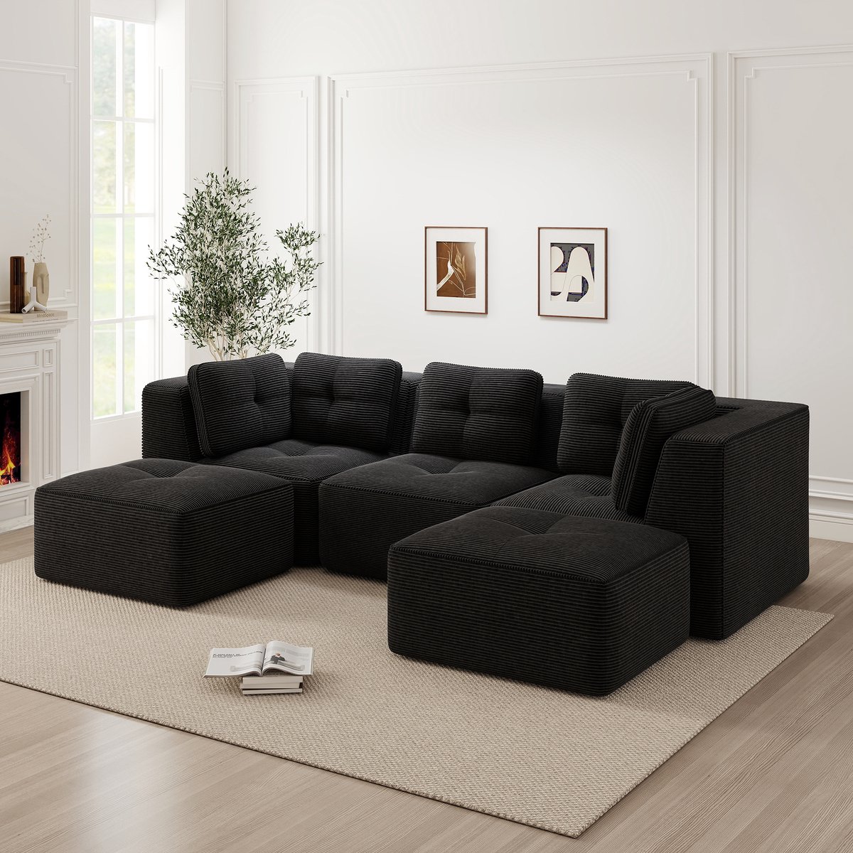 Modulair Corduroy 3-zits Sofa - Woonkamerbank Met Extra Diepe Zitting en Ontspannend Design - 297x177x69 cm, Zwart