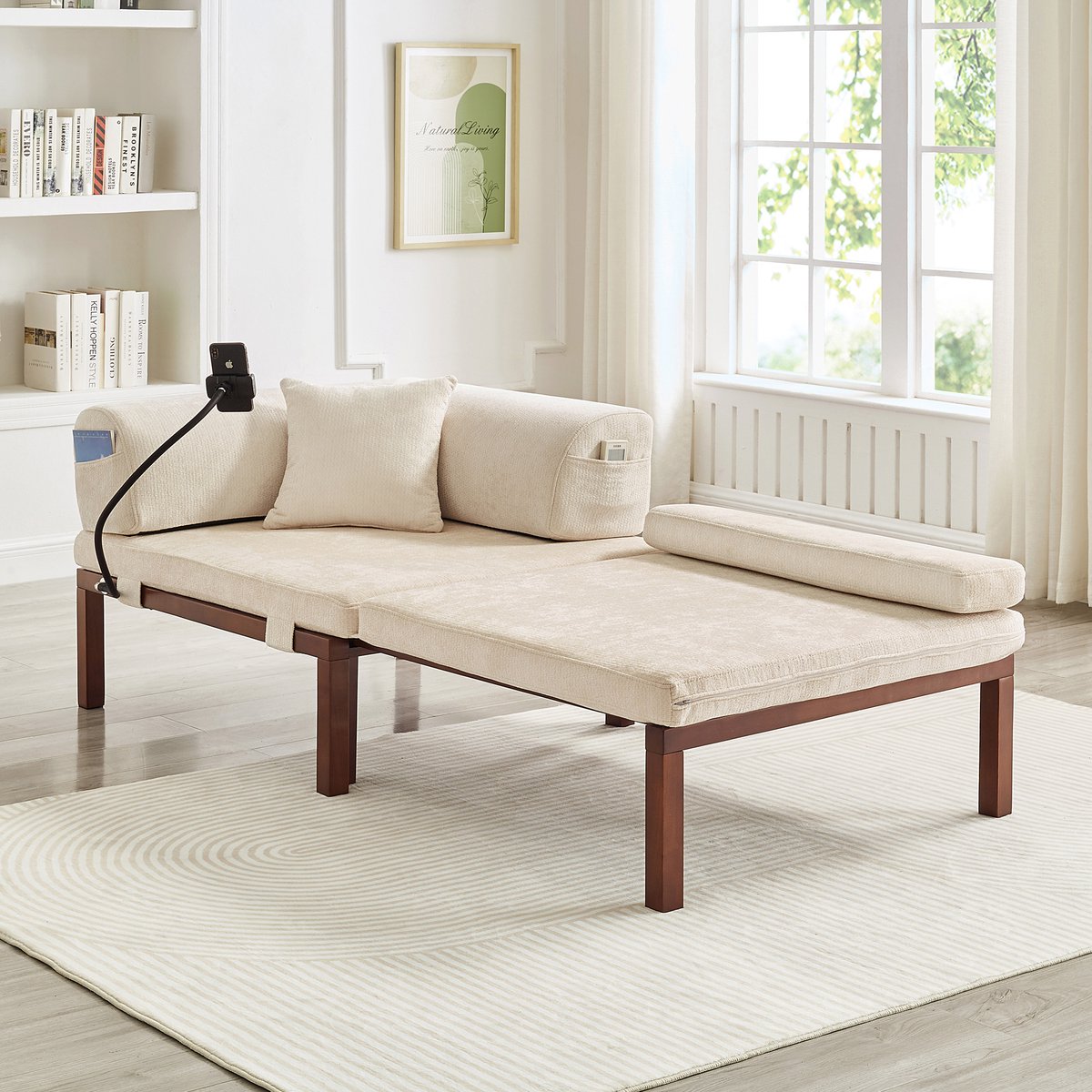 Slaapbank 1-Zits - Uitschuifbare Slaapbank Met Massief Houten Frame - Fluweel Beige