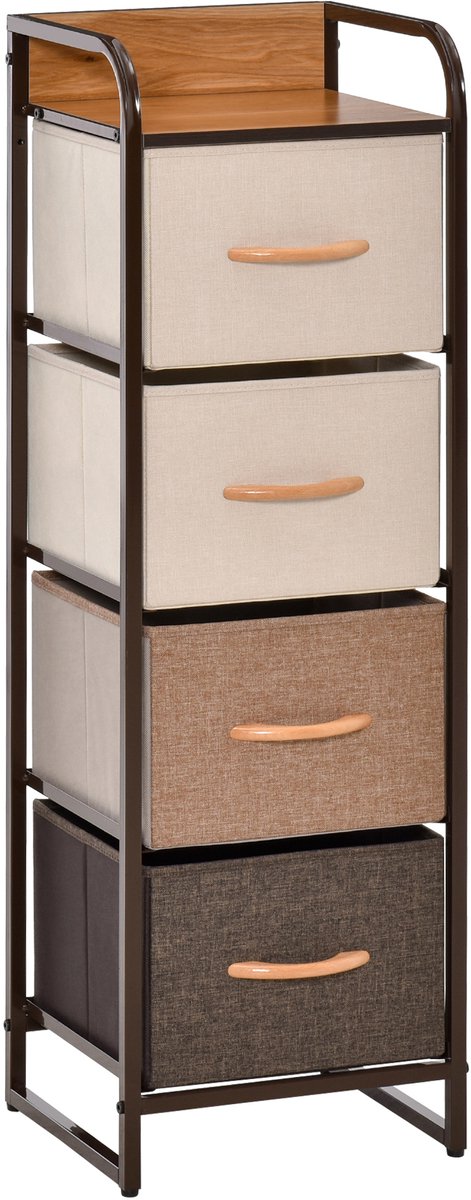 Opvouwbare stoffen ladekast met 5 lades - zwart stalen frame - 45 x 30 x 116 cm - beige/bruin - opbergkast