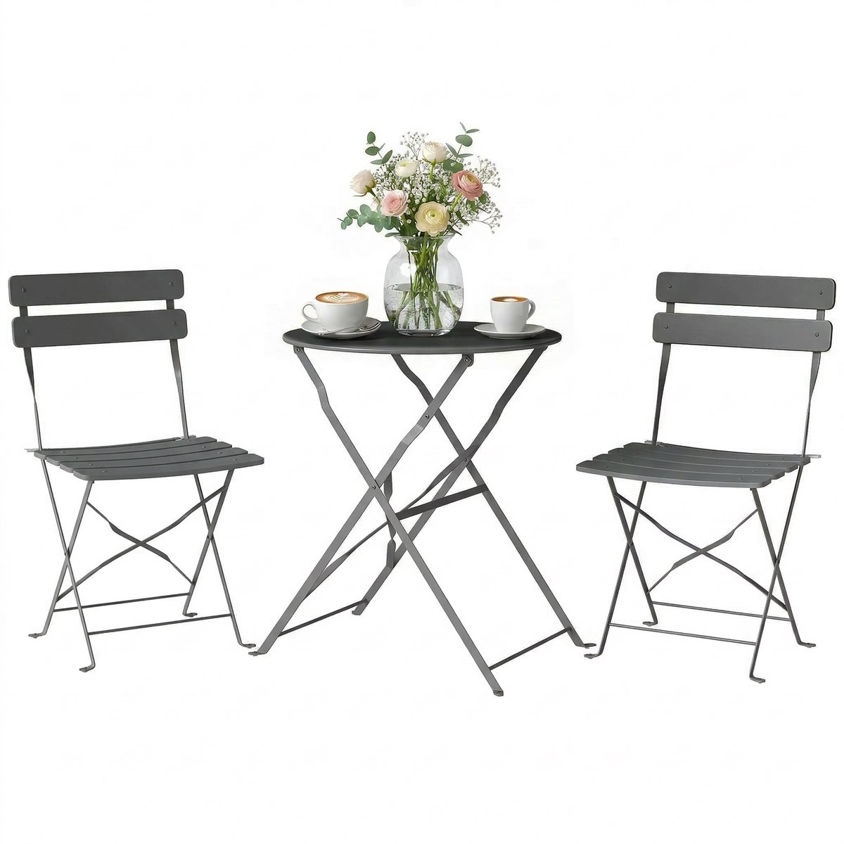 Tuinset van 3-delig – een tafel en twee klapstoelen met dwarsbalken – dubbele roestwerende behandeling – grijs