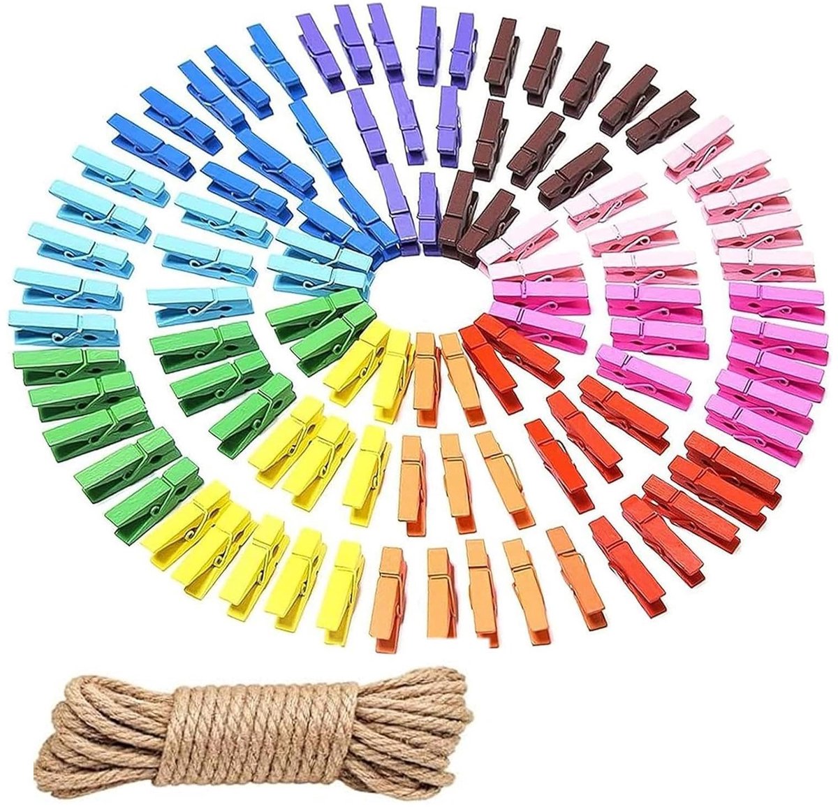 Solidchoice - Mini Wasknijpers, 100 Stuks Houten, Kleurrijk met Jute Koord