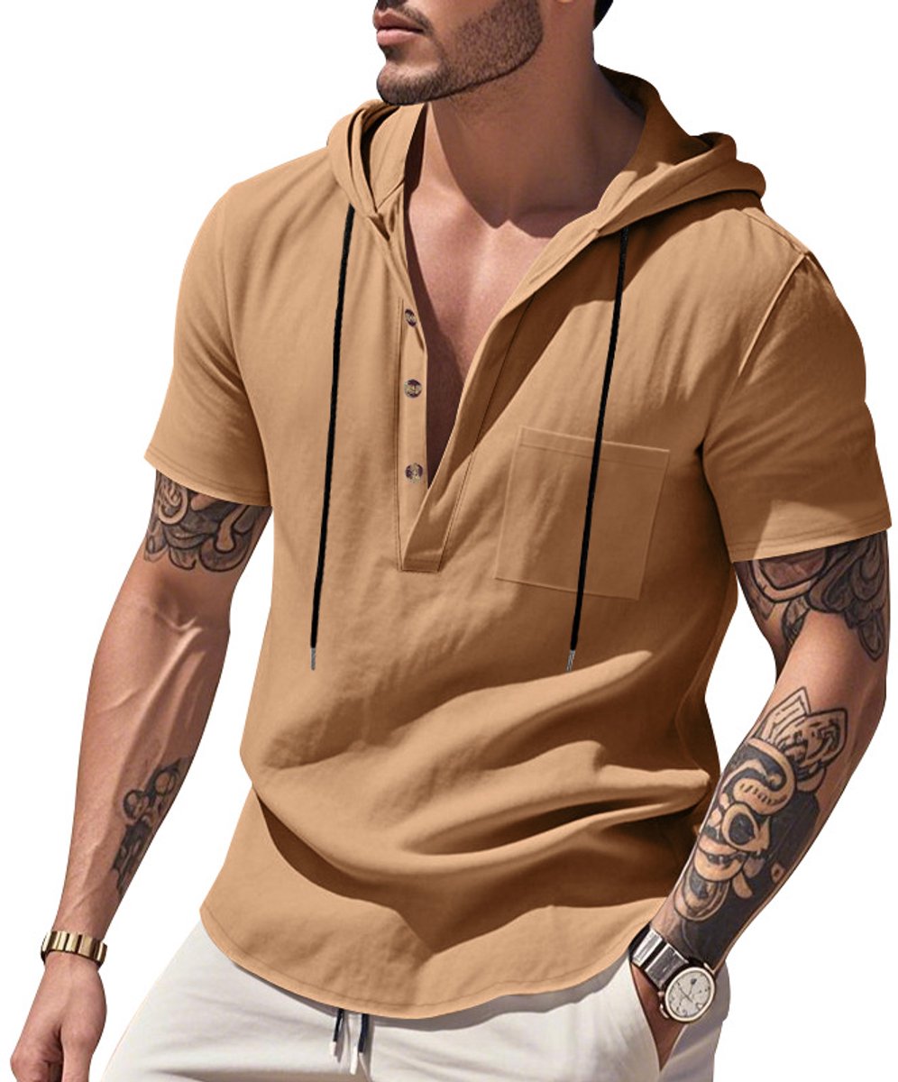 casalora®—Linnen overhemd—Herenoverhemd met korte mouwen—Normale pasvorm—Casual overhemd—Linnen overhemd—Overhemd met capuchon—Heren—Zomer—Zomeroverhemd—Strand