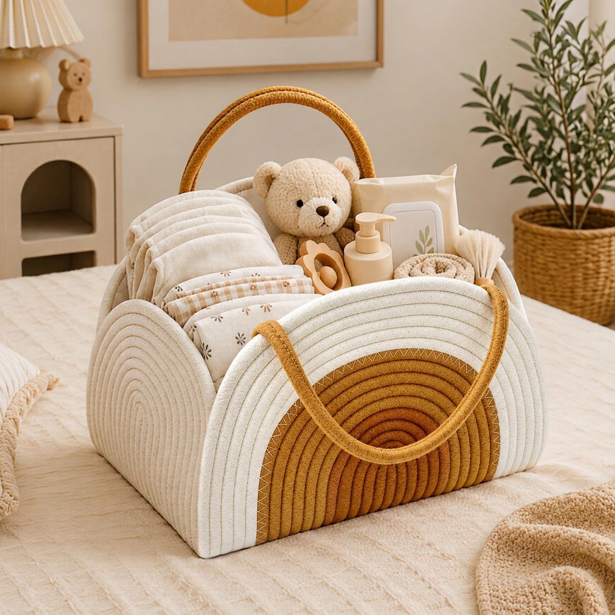 Solidchoice - Baby Opslagmand met Compartimenten - Draagbare Katoenen Diaper Basket