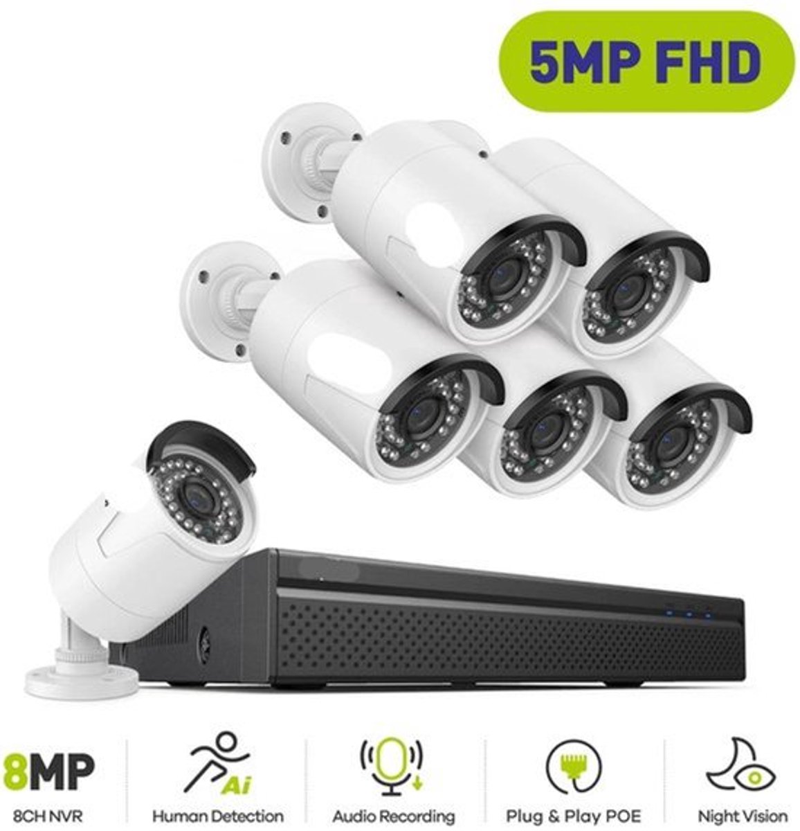 Beveiligingscamerasysteem - Camerabewaking - Beveiligingscamera - POE Camera Kit - Audio & Bewegingsdetectie - 4K HDMI Output - 8CH NVR - 6 Camera's - Nachtzicht - Waterdicht - Binnen en Buiten - Ingebouwde HDD: Geen