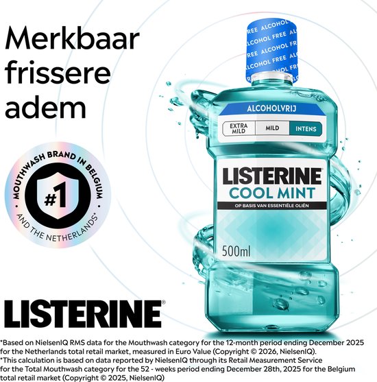 Listerine Cool Mint Alcoholvrije Mondspoeling, 500 ml, met een fris muntaroma.
