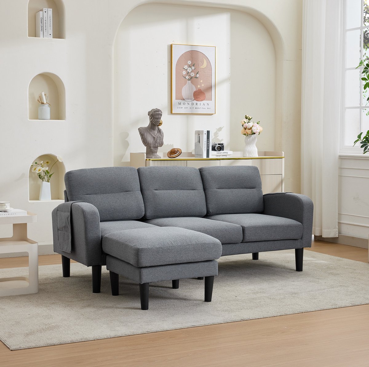 MIVRAY Hoekbank 204 x 136 x 80 cm - 3-Zits Met Chaise Longue En Opbergtassen - Voor Woonkamer - Stof Met Sponsvulling - Grijs