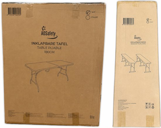 Doos met "INKLAPBARE TAFEL 180CM" en "WIT" en "ZWART" opties.