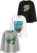 Next - Jongens - T-shirts met print, lange mouwen en relaxte pasvorm, set van 3 - Grijs