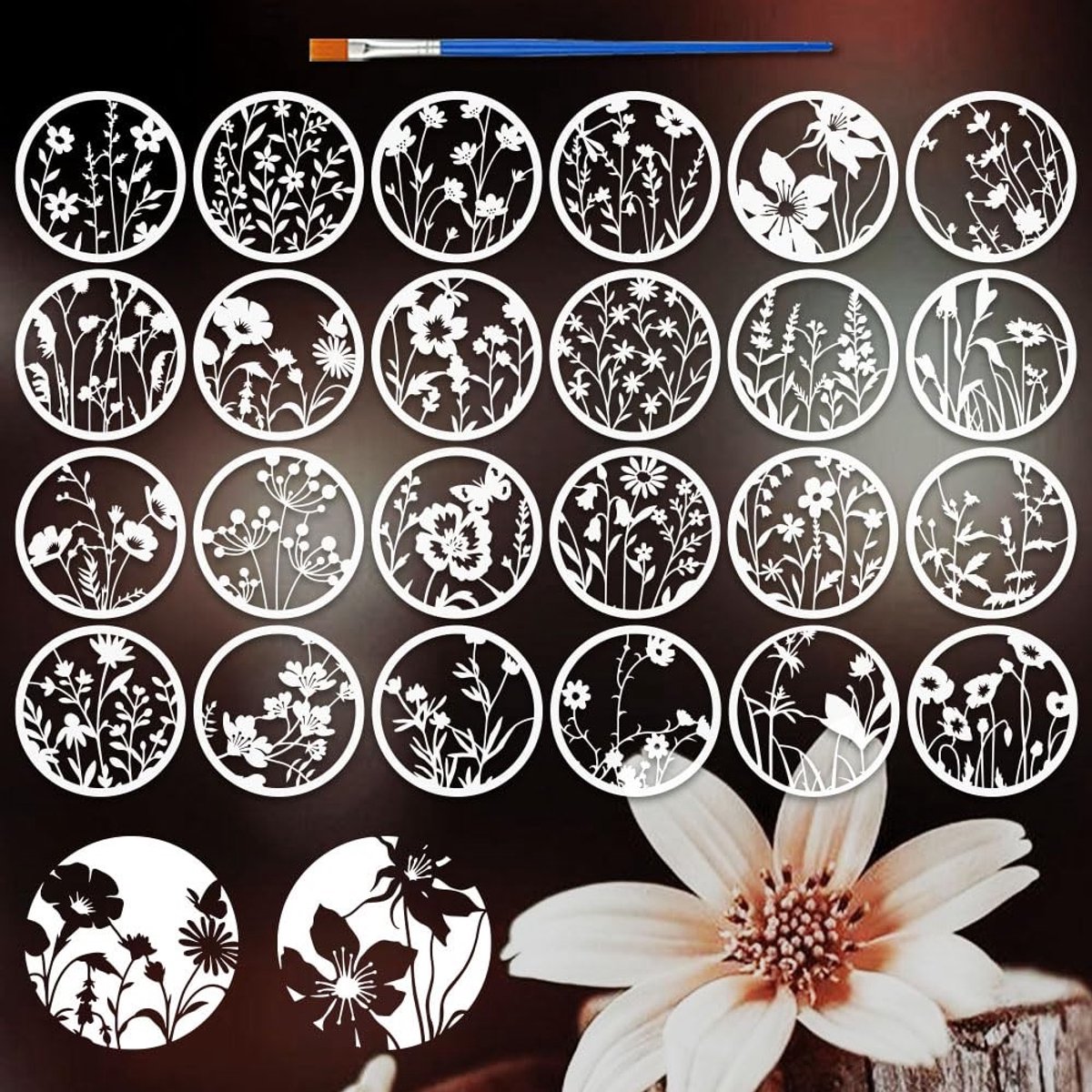 Dailygoods- Bloemenstencil 24-delig - Ronde Sjablonen - Herbruikbare Stencils - Diameter 20 cm - Natuurthema - Creatieve Inspiratie - Schilderstencils