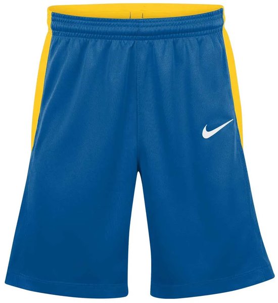 Short de sport bleu avec bande jaune sur le côté, logo Nike et ceinture élastique, devant.