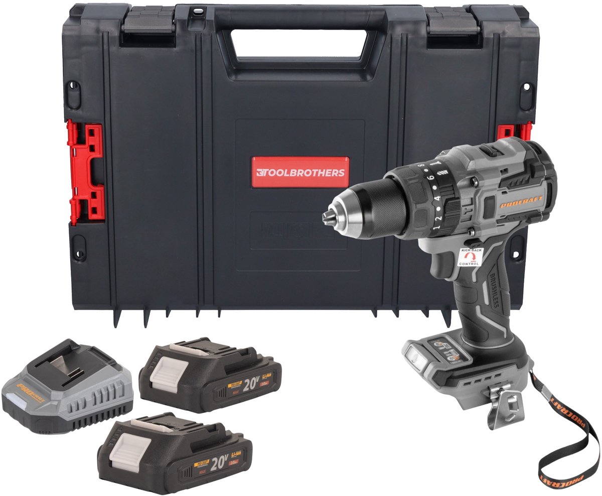 Procraft Industrial CD20B-BB accuboormachine 20 V 150 Nm borstelloos + 2x accu 2,0 Ah + oplader + RHINO-gereedschapskoffer