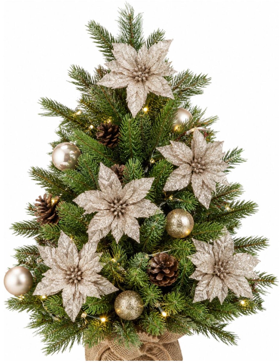 Cosy & Trendy Decoratie rozen bloemen - 24x st - champagne - glitter - op clip - 8 cm - kerstversiering