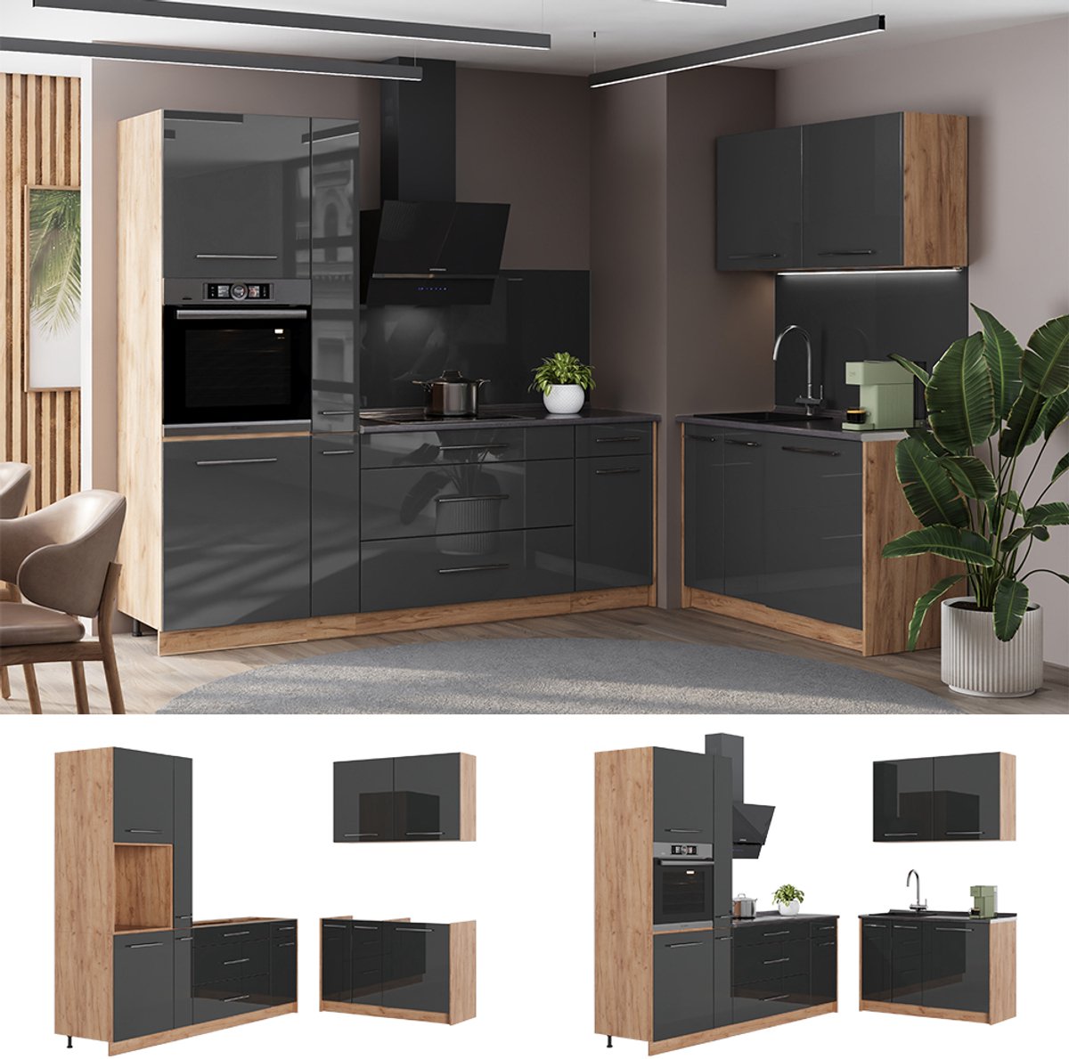 Vicco Keuken Fame-Line, Antraciet Hoogglans/Goudkleurig Eiken, 220 x 120 cm, WB Antraciet