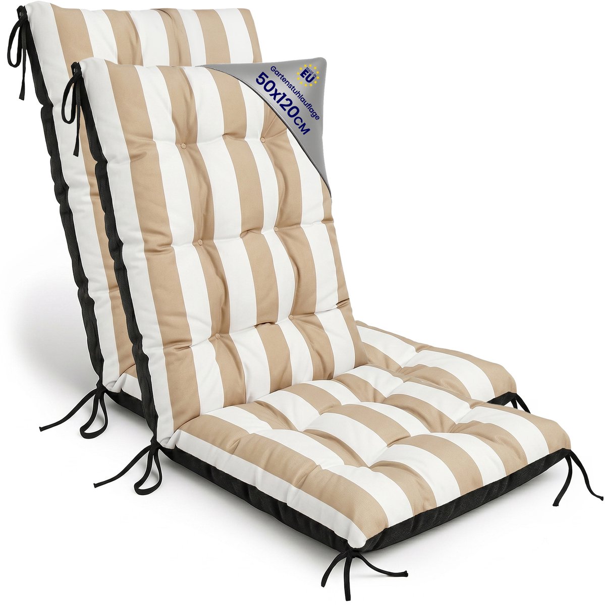 Tuinstoelkussens Hoge Rug Set: 2x 50x120 cm - Kussens voor Tuinstoelen & Standenstoel Terrasstoel Wit-beige strepen Stoelkussens Tuin Zitkussen Extra Dik 10 cm met Bindlinten