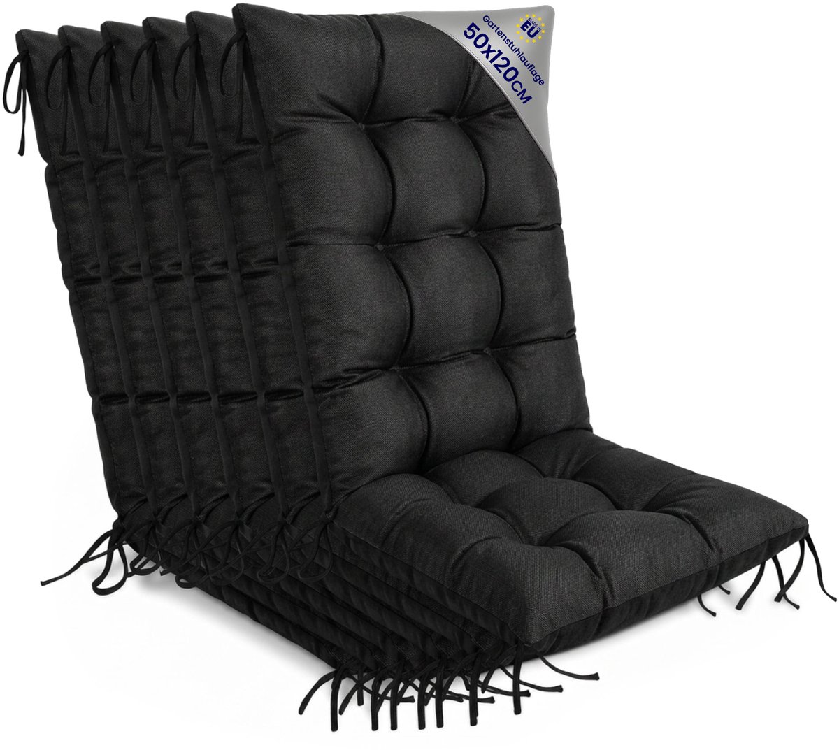 Tuinstoelkussens Hoge Rug Set: 6x 50x120 cm - Kussens voor Tuinstoelen & Standenstoel Terrasstoel Grafiet Eco linnen Stoelkussens Tuin Zitkussen Extra Dik 10 cm met Bindlinten