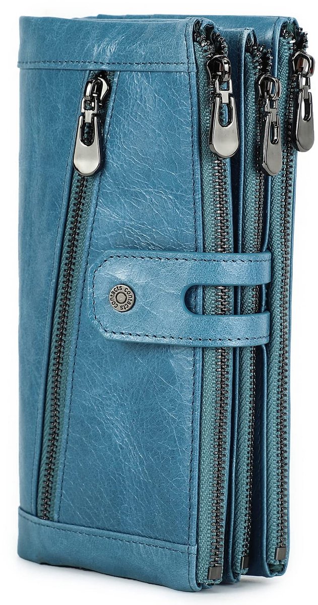 Dailygoods - CONTACTS RFID heren/dames rits portemonnee, grote capaciteit kaart munthouder telefoonhouder multifunctionele koppeling, 4 rits portemonnee echt leer (blauw)