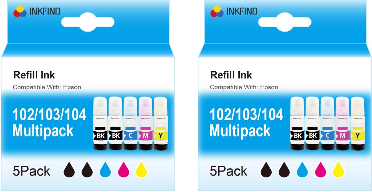 INKFIND 102 103 104 inkt geschikt voor Epson102 102 Epson104 104 - inktfles - Multipack Ecotank van 10 stuks (2 x 5pack= 4 x Zwart, 2 x Cyaan, 2 x Magenta, 2 x Geel) geschikt voor ET-2710/2711/2720/2726/4700/4800/ET-2700/2750/3700/3750/4750