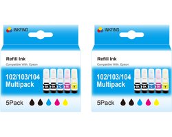 INKFIND 102 103 104 inkt geschikt voor Epson102 102 Epson104 104 - inktfles - Multipack Ecotank van 10 stuks (2 x 5pack= 4 x Zwart, 2 x Cyaan, 2 x…