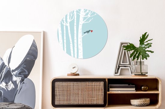 illustration d'un oiseau avec un coeur dans un bouleau Cercle mural aluminium ⌀ 60 cm - impression photo sur cercle mural / cercle vivant / cercle de jardin (décoration murale)