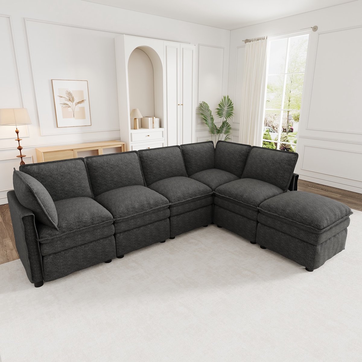 STILVORA Hoekbank 344 x 127 x 91 cm - Modulaire U-Bank Met Slaapfunctie En Beweegbare Hocker - 6-Zits Voor Woonkamer Of Kantoor - Chenille Grijs