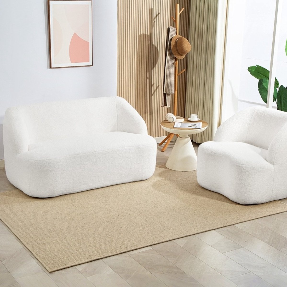 STILVORA Zitbank 142 Cm - 2-Zits Met Gebogen Design En Fleece Bekleding - Voor Woonkamer Slaapkamer En Thuiskantoor - Polyester Wit