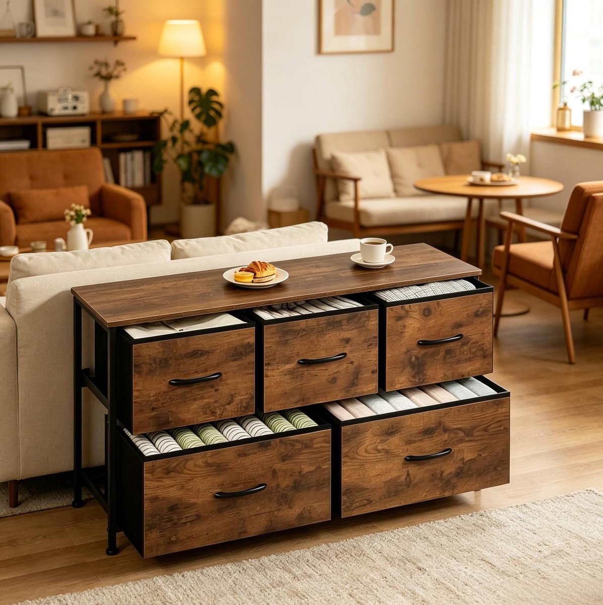HAUSS SPOLE Dressoir - Opbergkast Met 5 Lades En Ruim Blad - Voor Hal Woonkamer En Slaapkamer - Metaal MDF En Stof - 100x54x30 Cm - Vintage Bruin