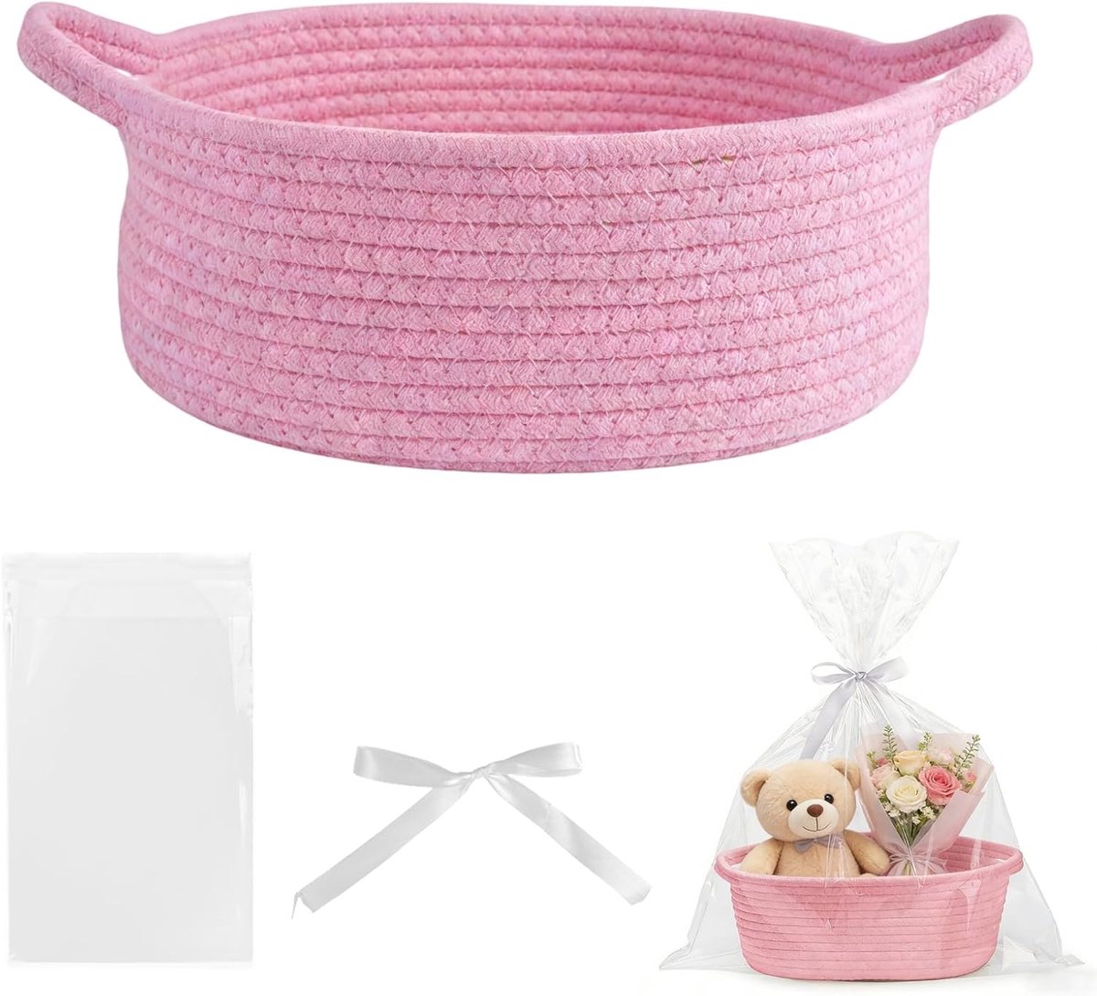 leeg 30 x 20 x 12 cm, geweven mand met geschenktas en lint | roze gevlochten katoen touwmand met handvat, voor babyshower, verjaardag, bruiloft, Thanksgiving, Valentijnsdag