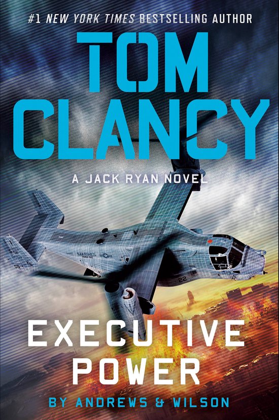 Boekomslag met de titel 'Executive Power' van Tom Clancy, een Jack Ryan-roman, met een helikopter en explosies.