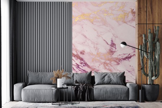 Behang - Fotobehang Marmer - Paars - Roze - Breedte 195 cm x hoogte 300 cm
