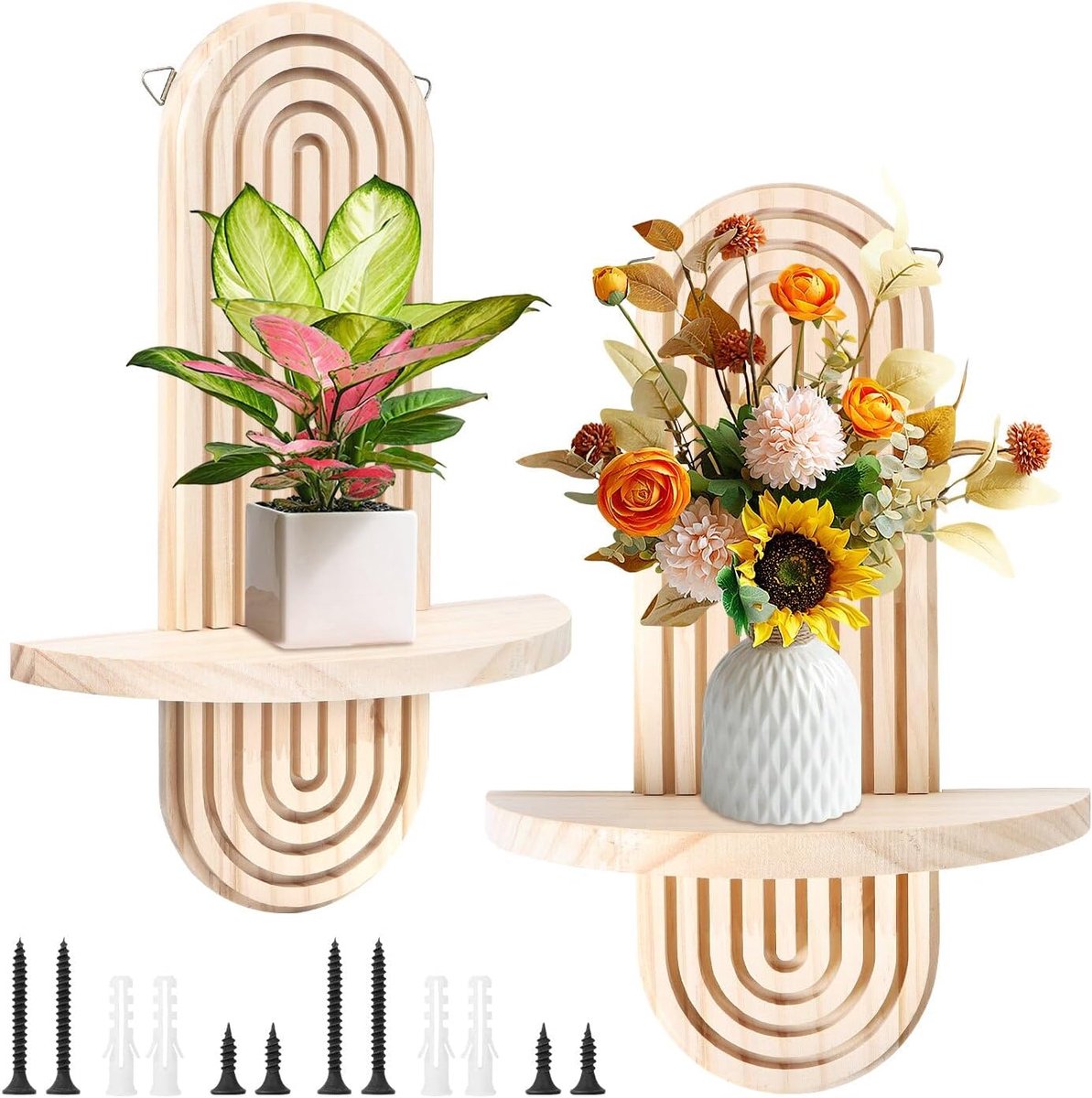 hout, wandrek, boho, drijvend, regenboog, 2 stuks, kleine wandplanken van hout, voor decoratie voor kinderkamer, kantoor, woonkamer, plantenkamer