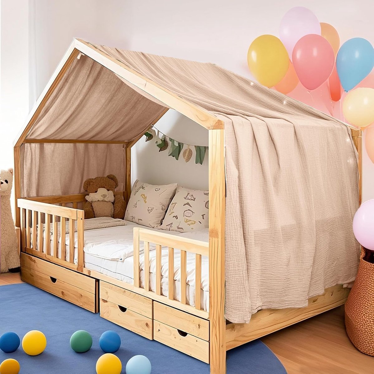 katoenen mousseline bedsprei, 132 x 360 cm, lichtbeige, geschikt voor meisjes en jongens