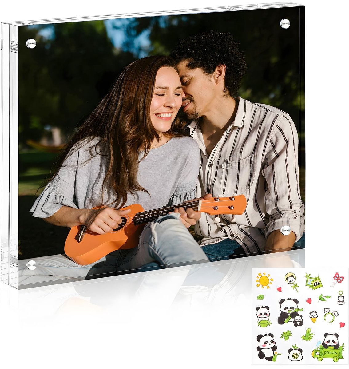 Dailygoods - Acryl fotolijst, 10 x 15 cm, magnetische fotolijst, frameloos, transparant, dubbelzijdig fotolijst, sterke magneet, vrijstaand voor tafel, kantoor, decoratie, met panda-sticker