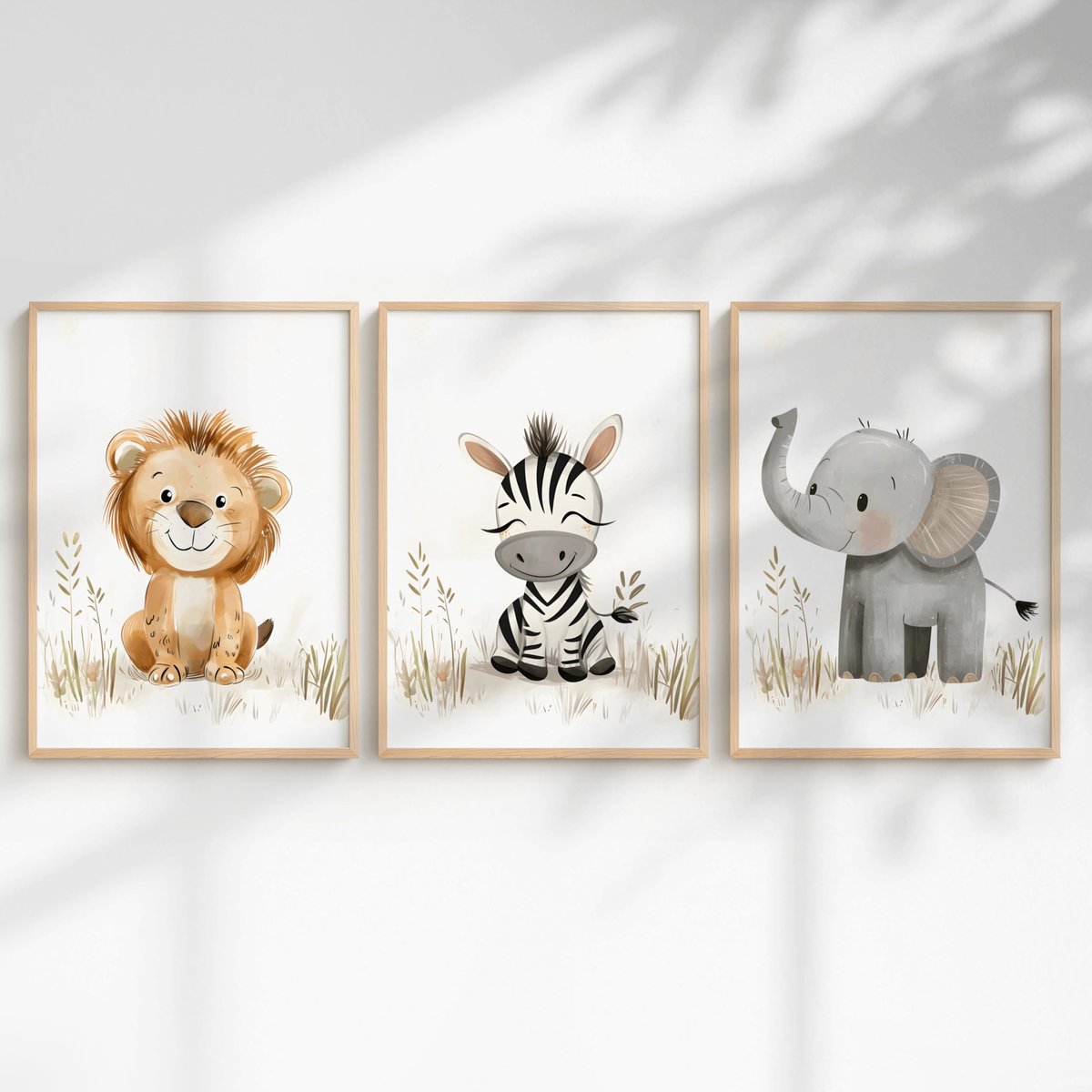 Dailygoods- Posterset 3-delig Jungle - Wanddecoratie Kinderen - A3 Formaat - Aquarelillustraties - Dieren zoals Olifant, Zebra, Leeuw