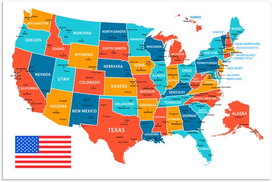 Poster 60x40 cm - Landkaart Amerika in kleur - Posters - Kamer decoratie - Wanddecoratie woonkamer - Muurdecoratie slaapkamer - Kerstversiering - Kerstdecoratie voor binnen - Kerstmis