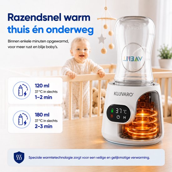 Kluvaro Flessenwarmer - Draagbare Flessenverwarmer voor Onderweg - Zeer Snel - Slimme timer - Geschikt voor alle merken - Wit van Merkloos — afbeelding 3