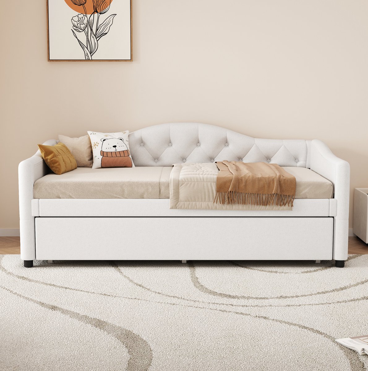 FloraGrace Slaapbank 90x200 cm - Daybed Met Uittrekbaar Bed - Ruimtebesparend Eenpersoonsbed - Linnen en MDF - Zonder Matras - Beige