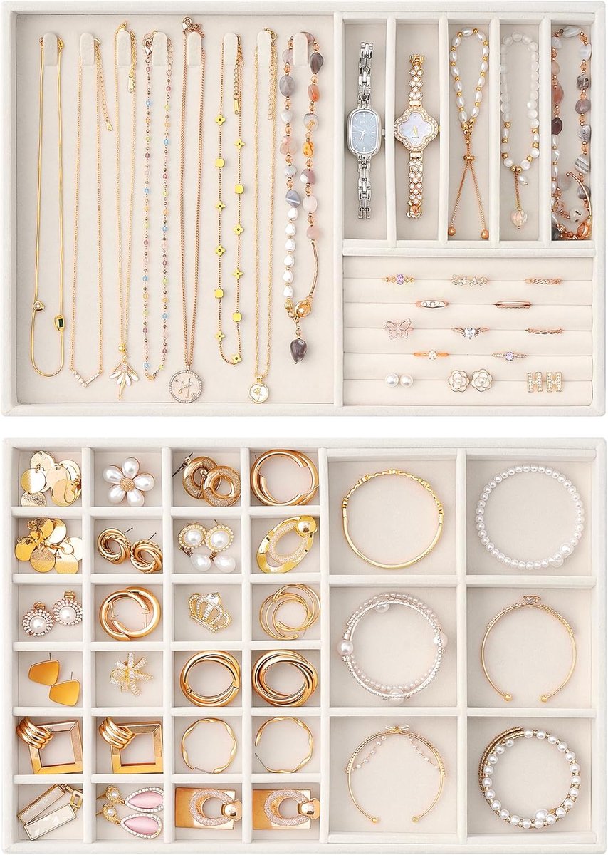 Organizerlades voor Lade, Stapelbare Sieradenhouder Lade-inzetstuk met Vakjes Fluweel Lade voor Oorbellen, Kettingen, Armbanden, Ringen - Set van 2, Beige