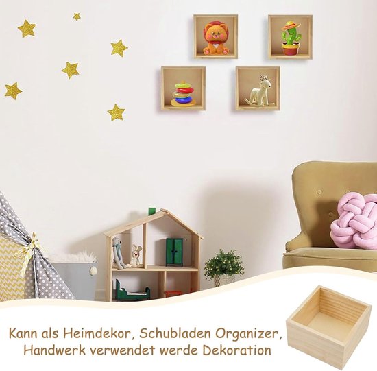 Dozen, 4 stuks Wooden Storage Craft Box, 8x8x4 cm Craft Rustieke houten kisten, houten dozen voor knutselwerk, kleine vierkante houten kist, voor droogbloemen, tafeldecoratie — afbeelding 5