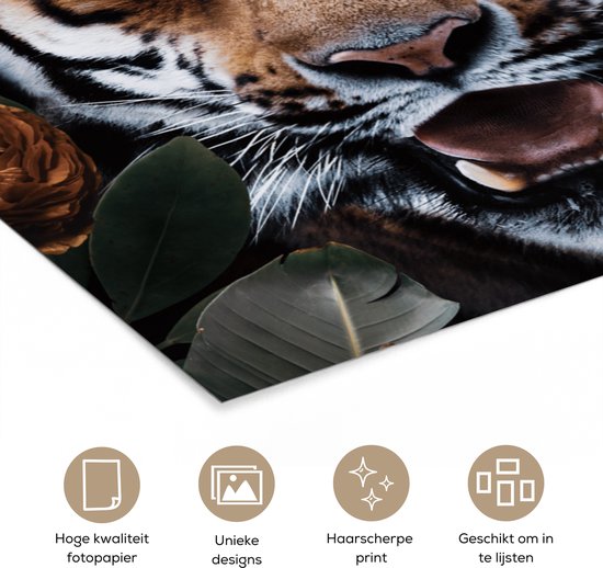 Affiche Tigre - Feuille - Animaux - 100x100 cm XXL