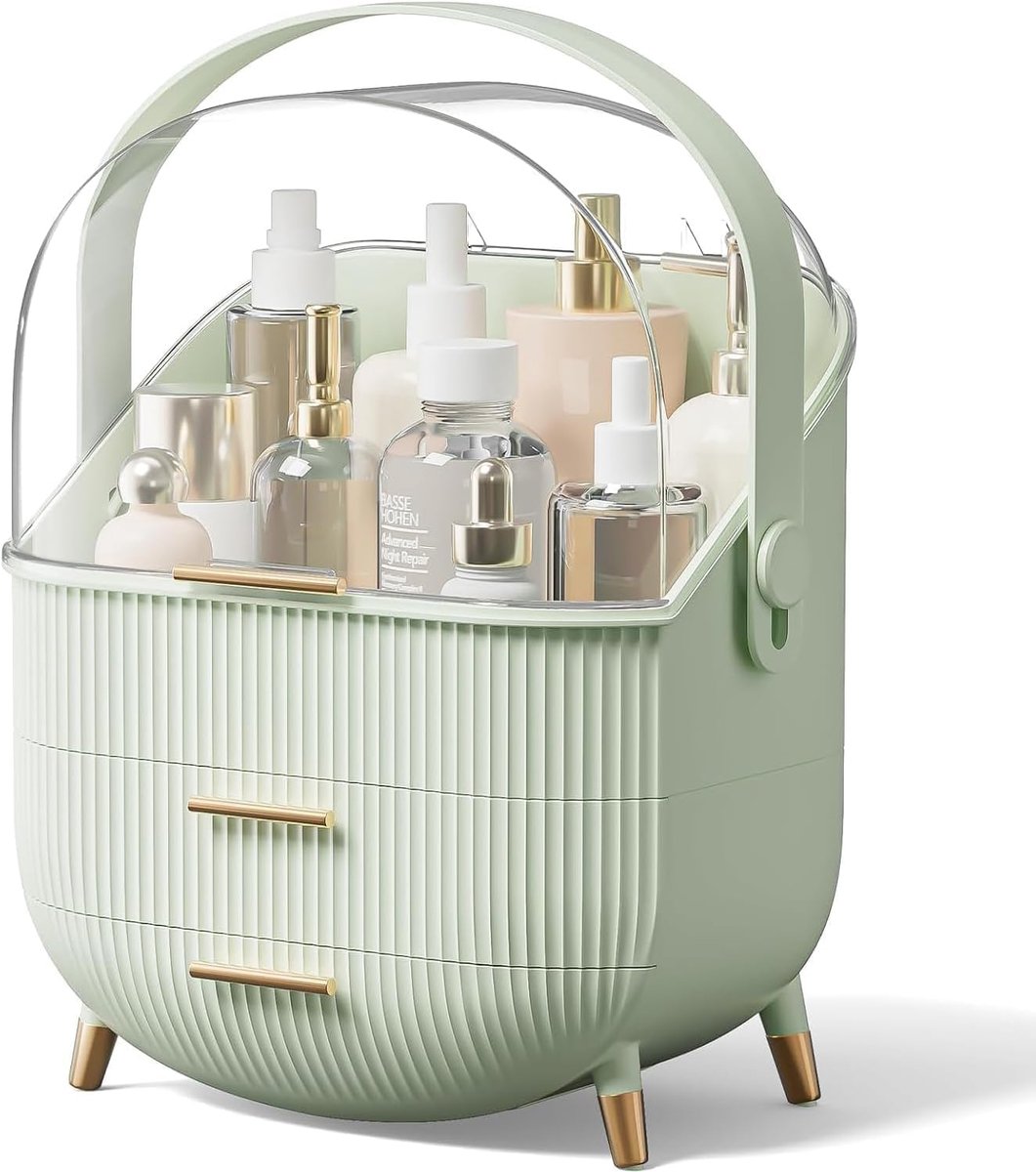 Make-up organizer, grote cosmetica-vitrine, opbergdoos met 2 lagen en transparant deksel, slaapkamer, kaptafel, muntgroen