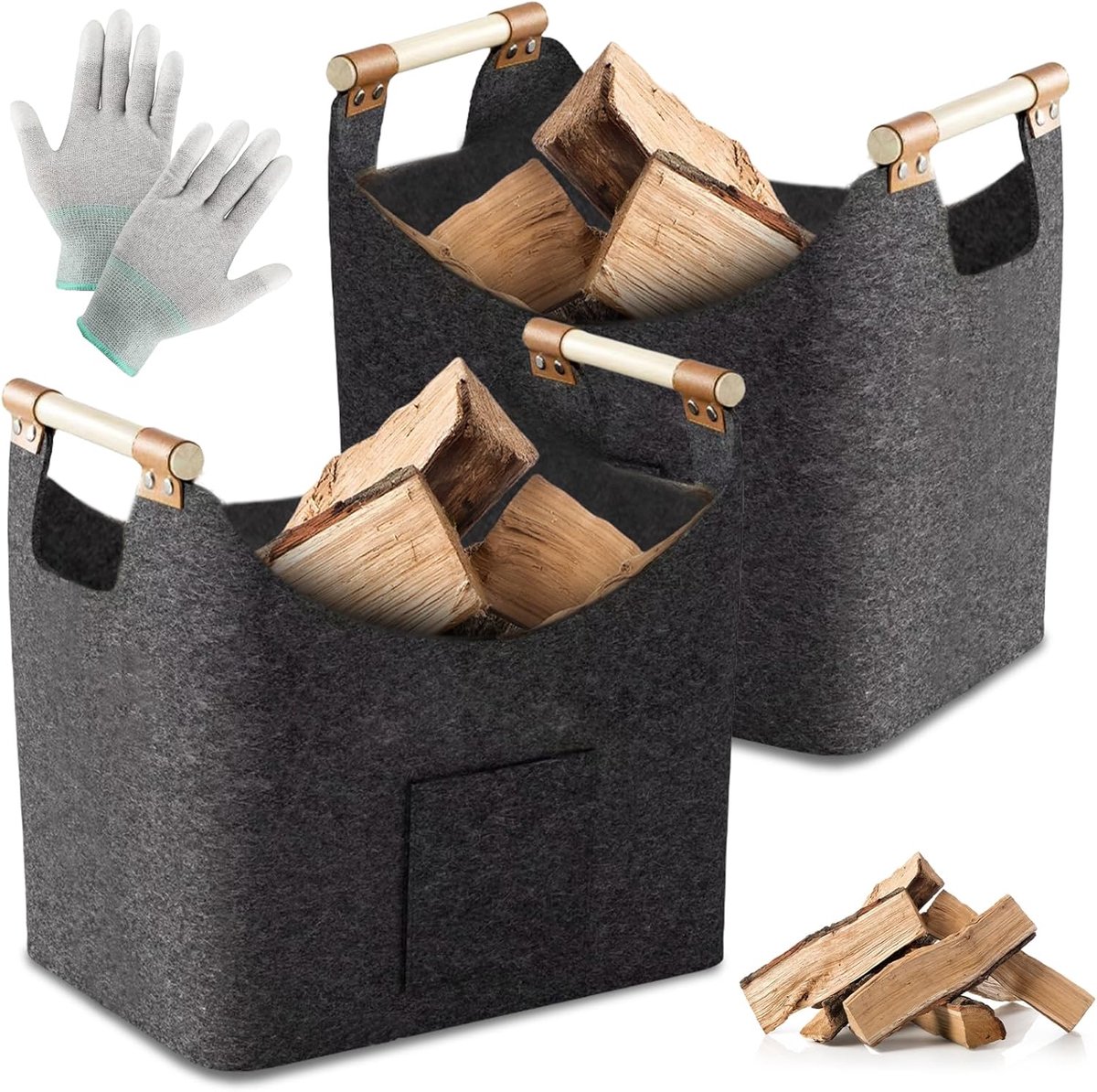 mand voor haardhout, brandhoutmand, vilten mand: PRITOK 2 stuks XXL haardhoutmand met opbergtas, opvouwbaar, grote houten mand voor haardhout met 1 paar handschoenen, voor brandhout, kranen,