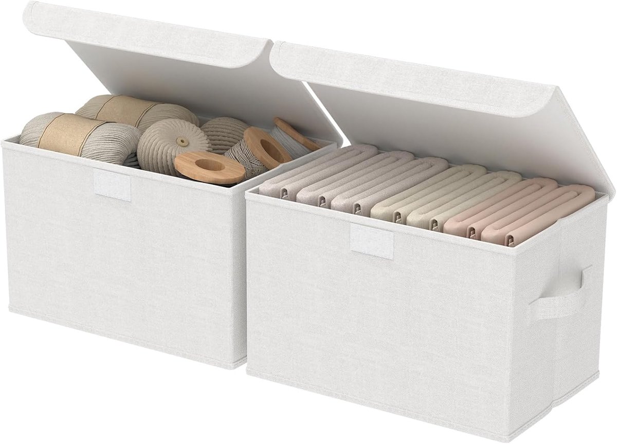 Opbergdoos met deksel, opvouwbare stoffen dozen, opbergsysteem, kledingkast, voor slaapkamer, kledingopslag, 2 stuks, wit, 30 x 23 x 20 cm