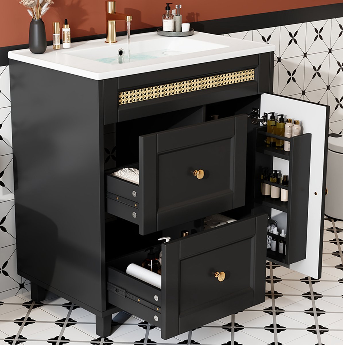 DESMIU Badkamermeubel - Staand Wastafelmeubel Met 2 Lades En Soft-Close Deuren - Voor Badkamer - MDF En Keramiek - 76x46x86,5 Cm - Zwart