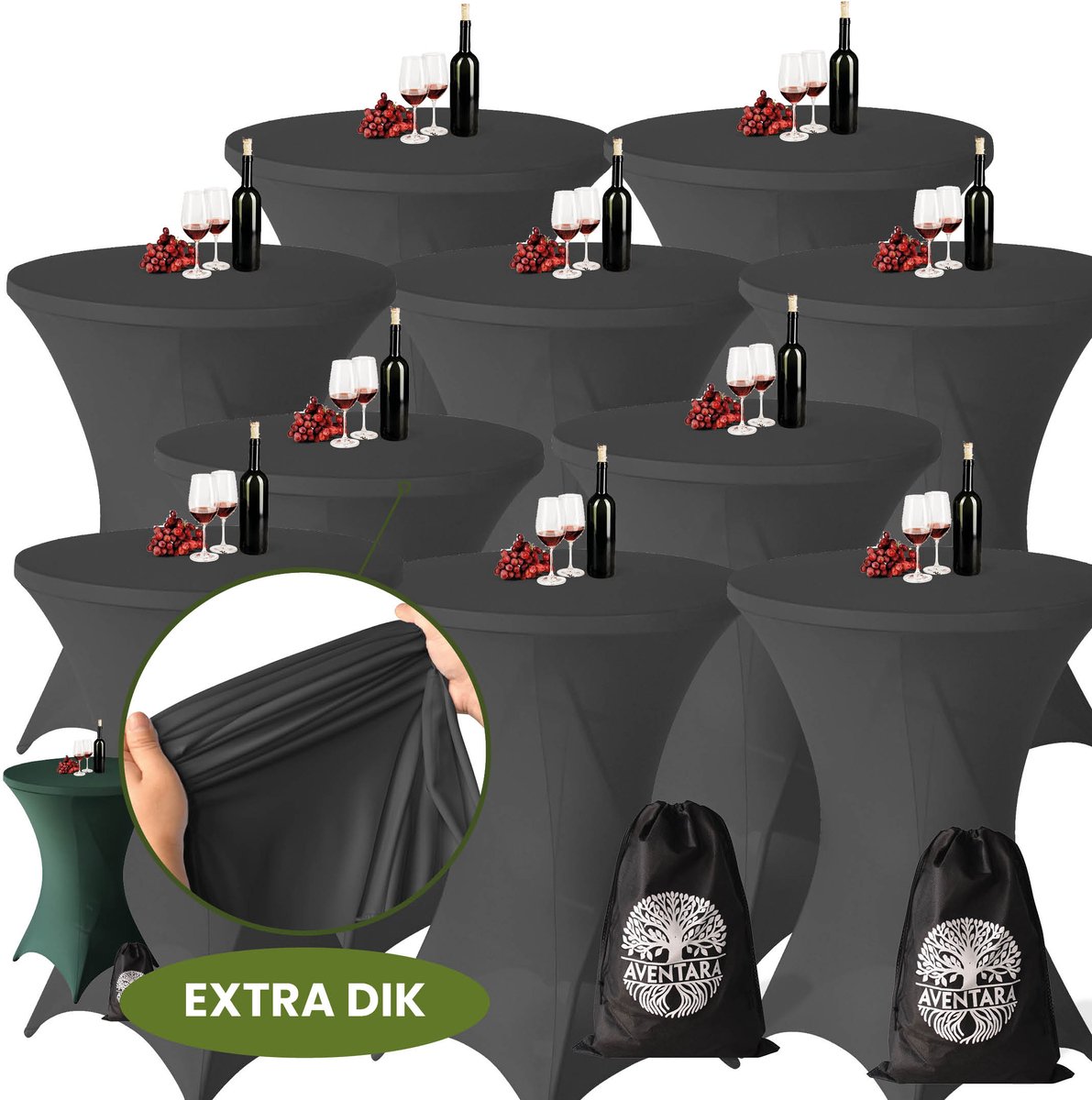 Statafelrok Grijs x 10 – Ø80-85 x 110 cm – Luxe Extra Dikke Stretch Stof – Inclusief Opbergtas – Kras- en Kreukvrije Statafelhoes – Perfect voor Horeca, Bruiloften en Feesten