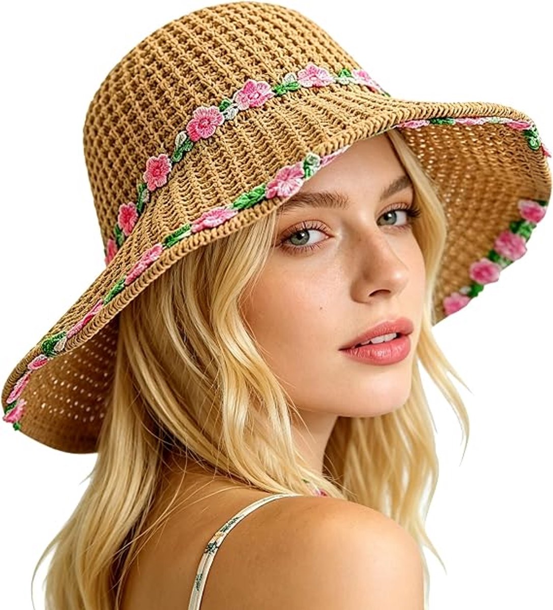 LISM-Dameszonnehoed, strandhoed met brede rand, strohoed met kleine roze bloemen, opvouwbare zomerse reishoed