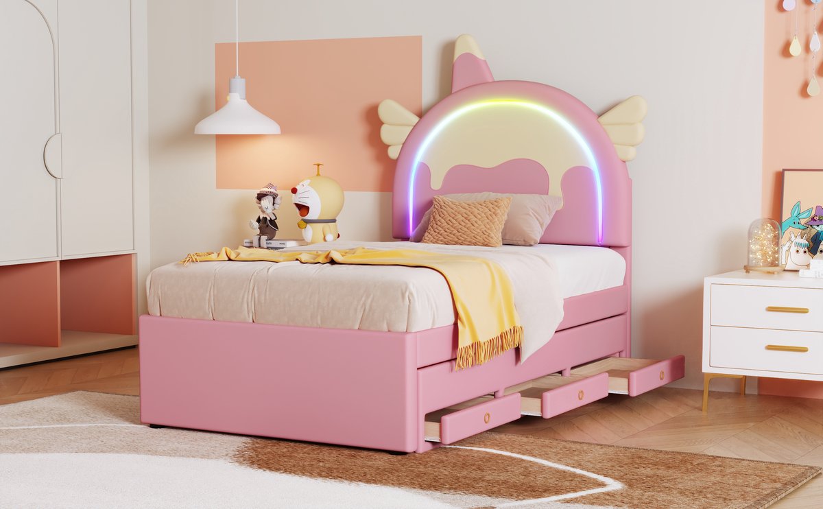 Eenhoorn kinderbed met uitschuifbed en lades - voor meisjeskamer en tienerkamer - 90x200 cm - Roze - Zachte PU-bekleding met cartoonontwerp - Inclusief 12 latten - 150 kg belastbaar — cadeau in Cadeau-ideeën - foto 8