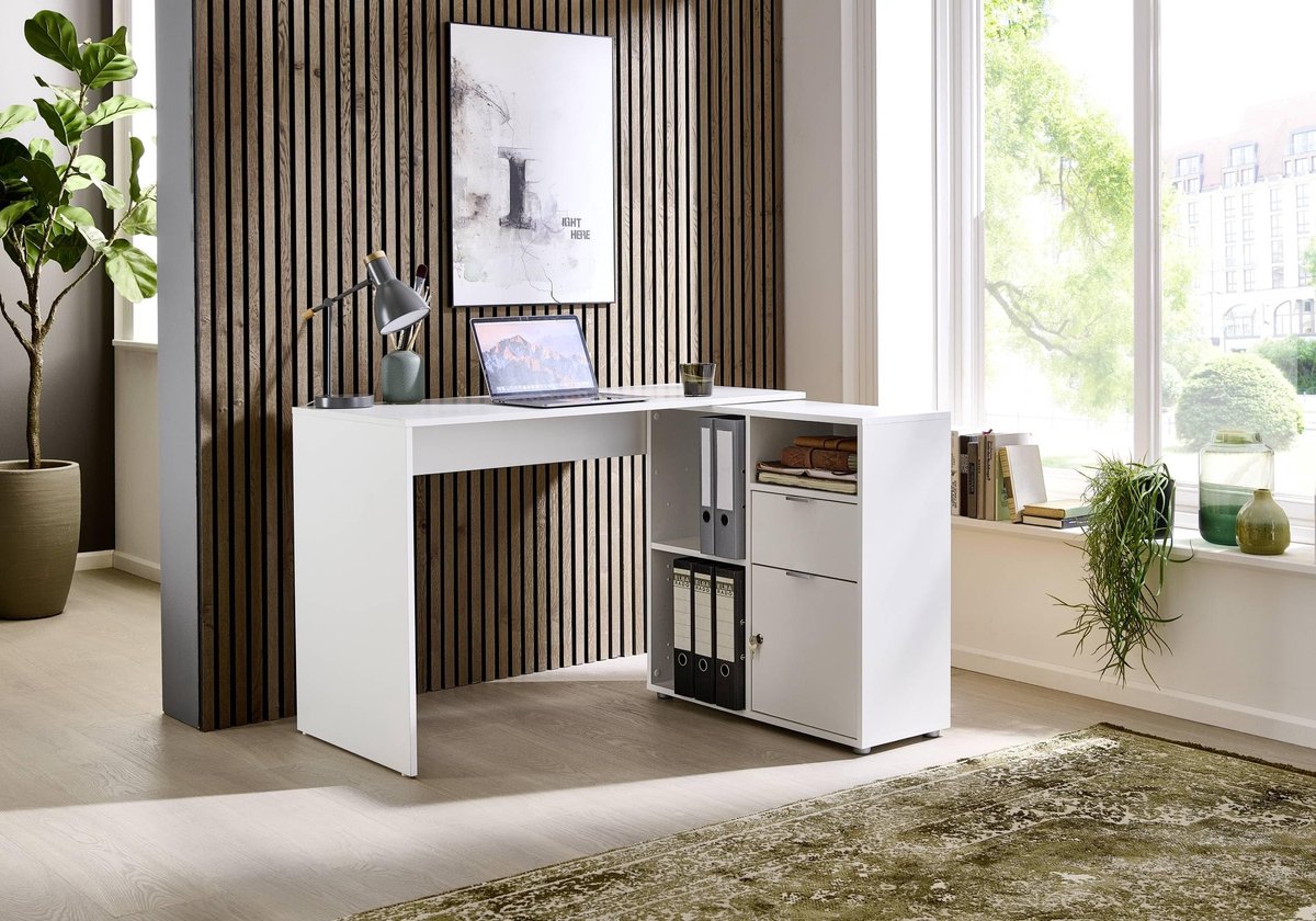 Dailygoods- Hoekbureau Leni - Plankhouder met afsluitbare deur - 1 lade - Ruimte voor 8 ordners - 3 open vakken - Afmetingen 110 x 74 x 50 cm - Bureau