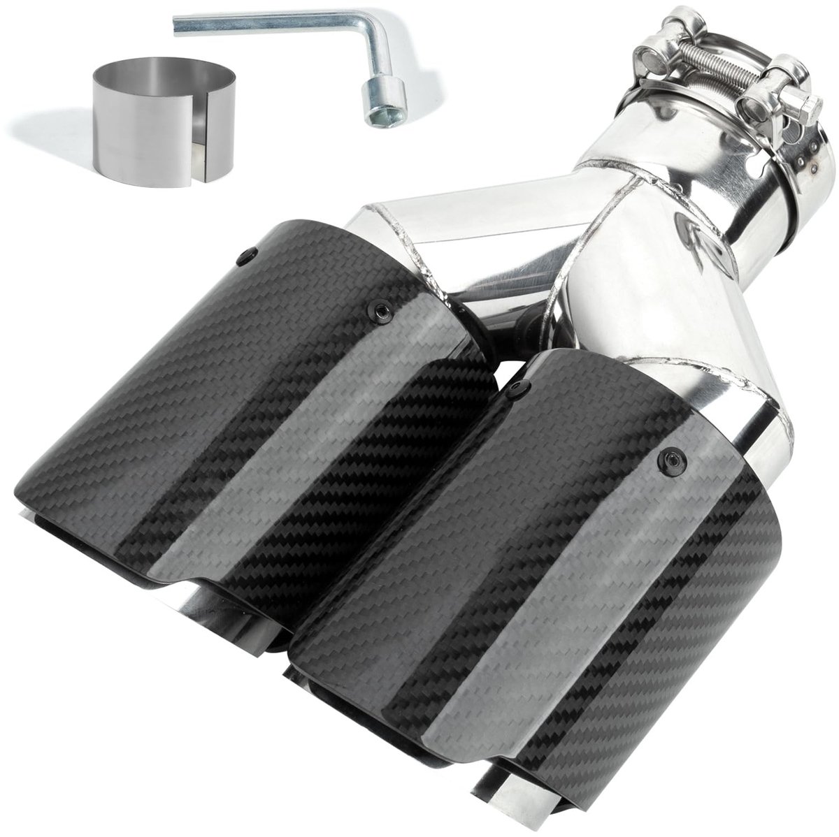 Dailygoods - Catekro 63 mm Uitlaatpijp Universeel, Roestvrij Stalen & Koolstofvezel Uitlaat Eindstuk Sportieve Uitlaatpijp Bevestiging Met Bouten Sleutel Meegeleverd (Dubbele Uitlaat, Zilver-Zwart Glanzend)