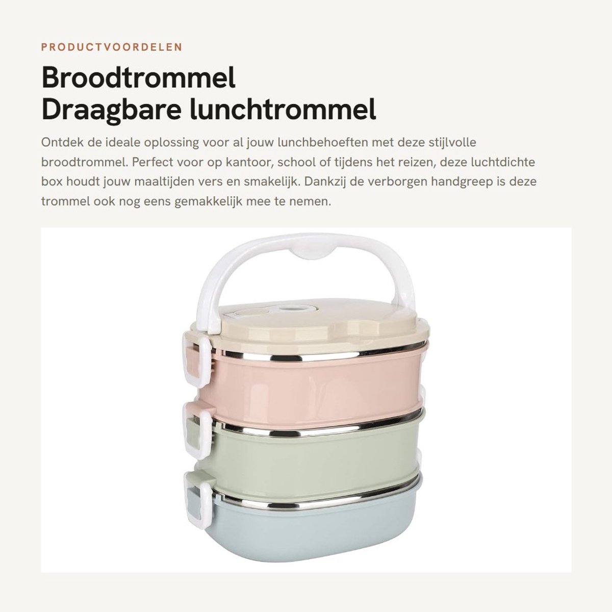 Dailygoods- Broodtrommel roestvrij staal - Luchtdichte Box - Draagbare Lunchtrommel - Handvat - 3 Lagen - Warmte-isolatie 2 uur - Lunchbox